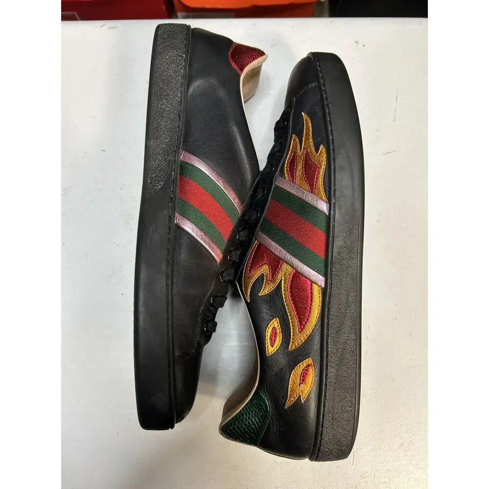 Gucci Ace Flame Black Leather Sneakers Size 11G / 11.5 US Mens